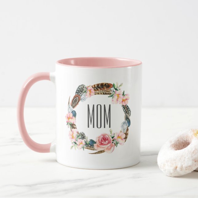 Watercolor Floral with Feathers | Mother's Day Mug (With Donut)