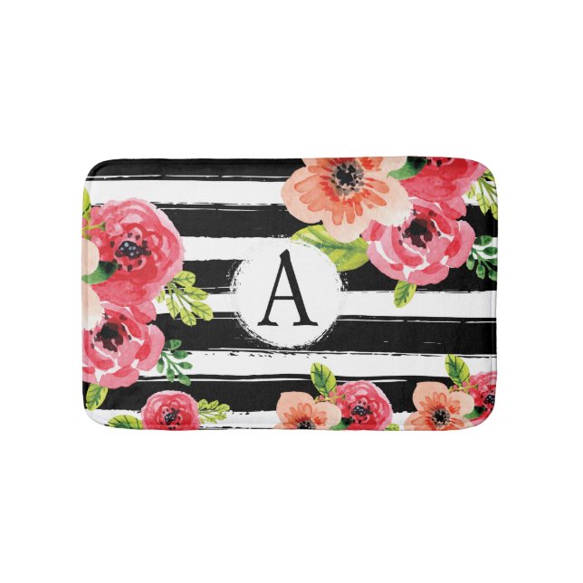 Watercolor Floral With Stripes And Monogram Bath Mat (Front)
