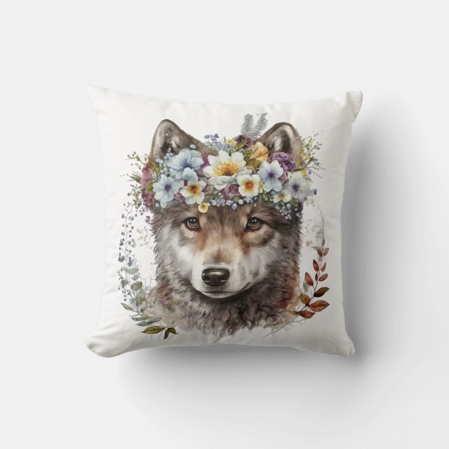 Watercolor Floral Wolf Cushion (Front)