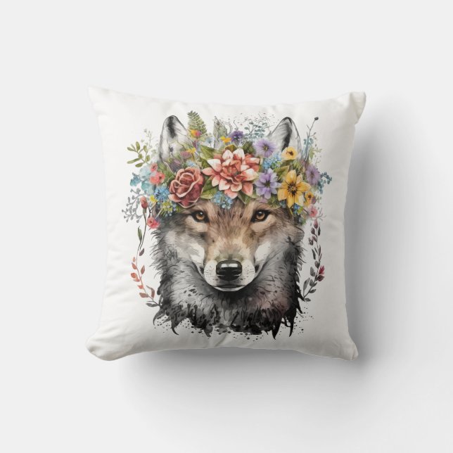 Watercolor Floral Wolf Cushion (Front)