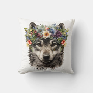 Watercolor Floral Wolf Cushion