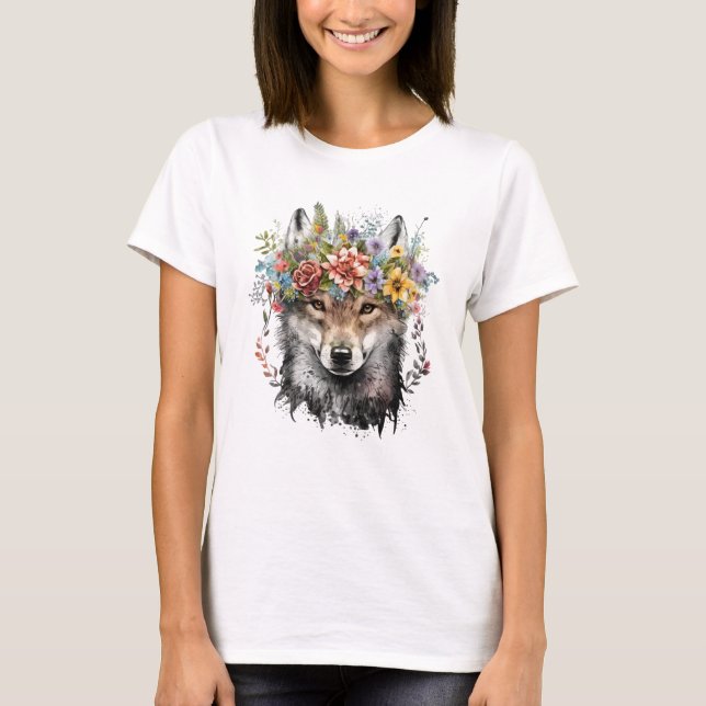 Watercolor Floral Wolf T-Shirt (Front)