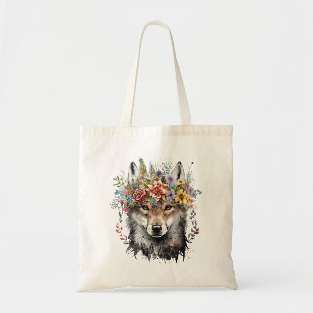 Watercolor Floral Wolf Tote Bag (Front)
