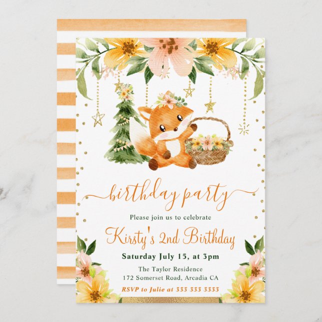 Watercolor Floral Woodland Fox Birthday Party Invitation (Front/Back)