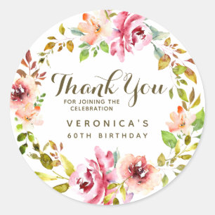 Watercolor Floral Wreath 60th Birthday Thank You Classic Round Sticker