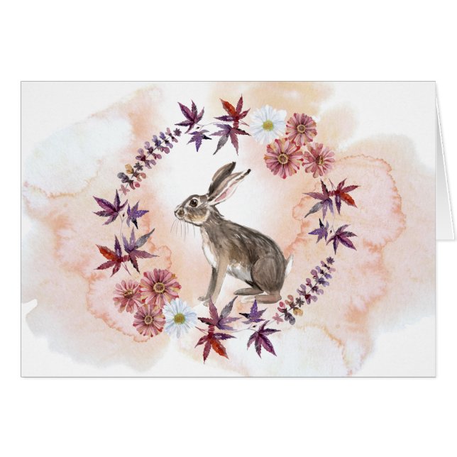 Watercolor Floral Wreath and Hare Note Card (Front Horizontal)