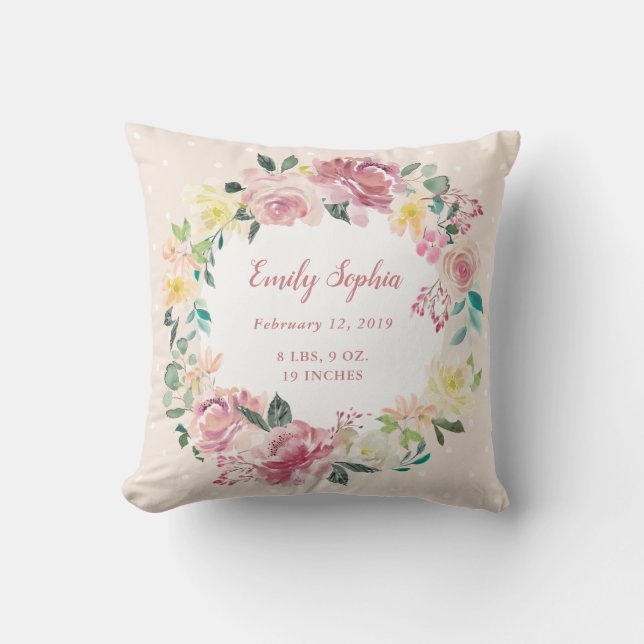 Watercolor Floral Wreath | Baby Girl Birth Stats Cushion (Front)