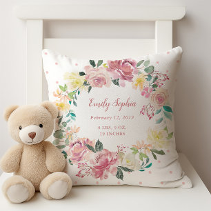 Watercolor Floral Wreath Baby Girl Birth Stats Cushion