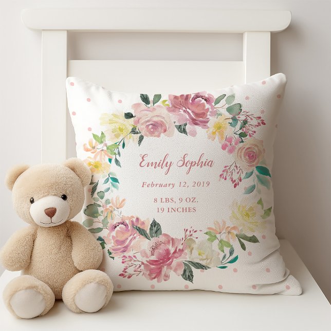 Watercolor Floral Wreath | Baby Girl Birth Stats Cushion (A baby birth stats pillow with a pretty floral wreath)