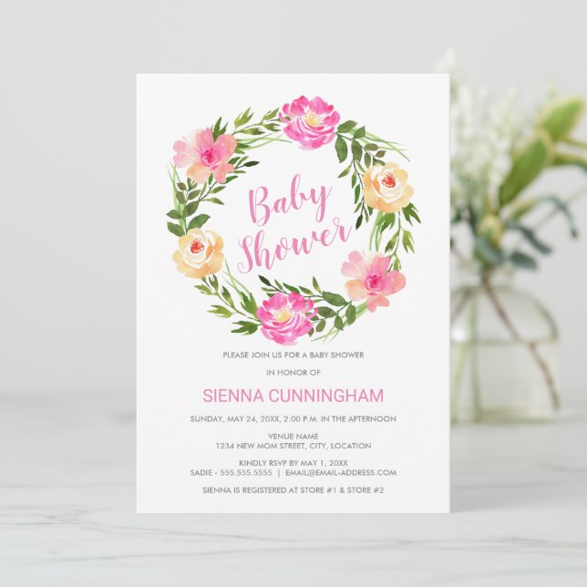 Watercolor Floral Wreath Baby Shower Invitation (Standing Front)