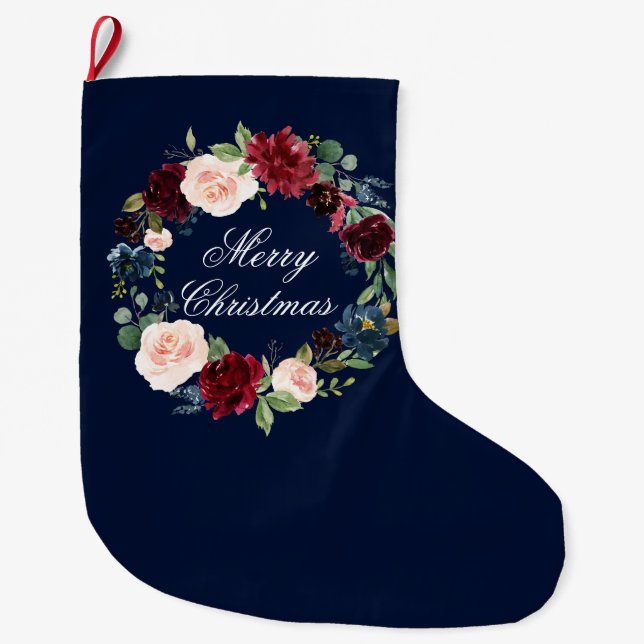 Watercolor Floral Wreath Blue Large Christmas Stocking (Front)