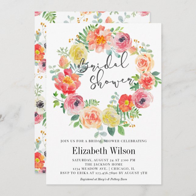 Watercolor floral wreath bridal shower invitation (Front/Back)
