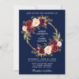 Watercolor Floral Wreath Burgundy Blue Wedding Invitation