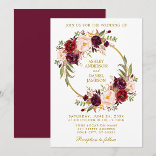 Watercolor Floral Wreath Burgundy Gold Wedding B Invitation
