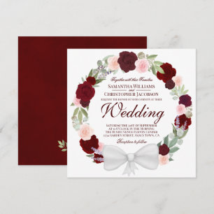 Watercolor Floral Wreath Burgundy Red Wedding Invitation