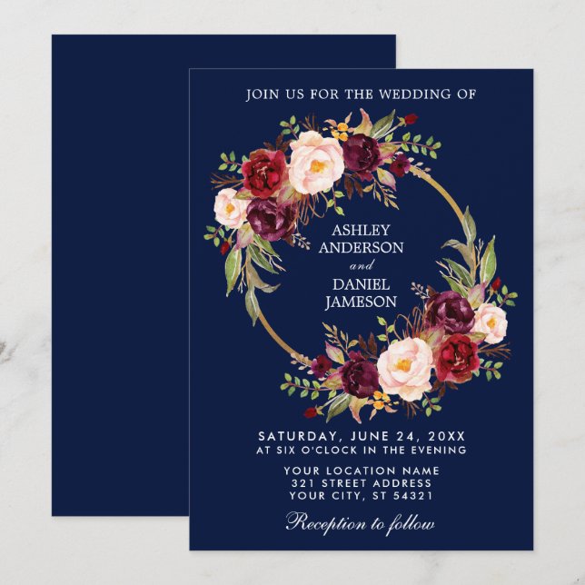 Watercolor Floral Wreath Burgundy Wedding Blue Invitation (Front/Back)