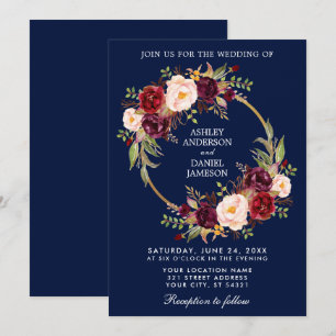 Watercolor Floral Wreath Burgundy Wedding Blue Invitation