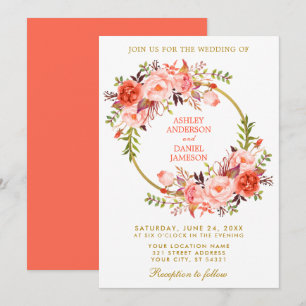 Watercolor Floral Wreath Coral Wedding Gold Invitation