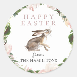 Watercolor Floral Wreath Easter Bunny Classic Round Sticker