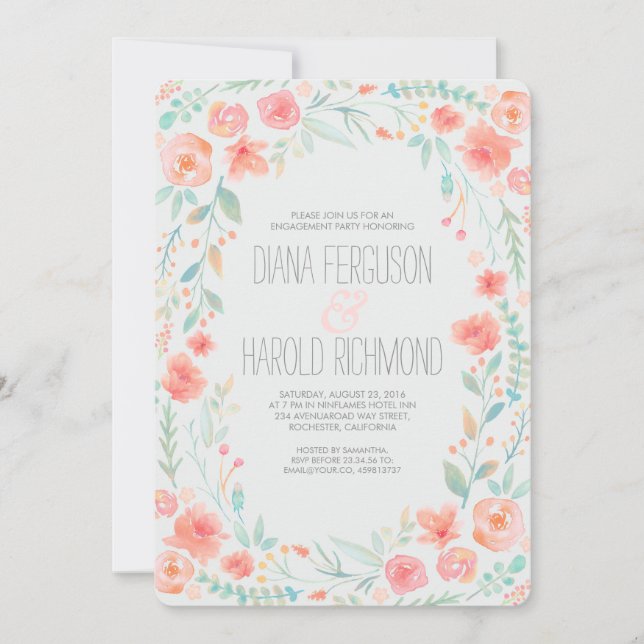 Watercolor Floral Wreath Engagement Party Invitation (Front)