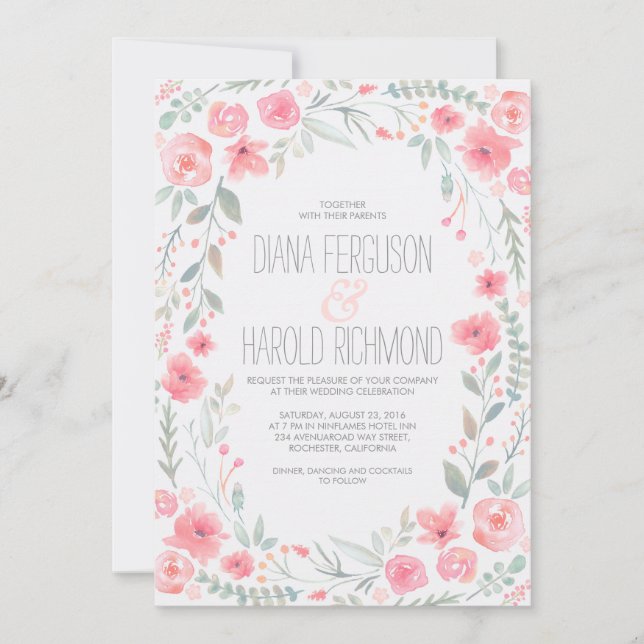Watercolor Floral Wreath Garden Wedding Invites (Front)