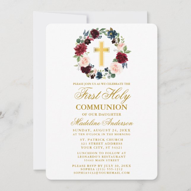 Watercolor Floral Wreath Gold First Communion Invitation (Front)