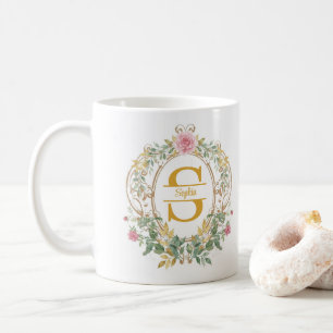 Watercolor Floral Wreath Gold Initial Monogram Coffee Mug