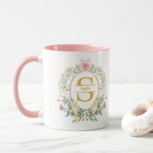 Watercolor Floral Wreath Gold Initial Monogram Mug
