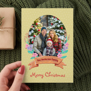 Watercolor Floral Wreath Gold Photo Christmas Holiday Card