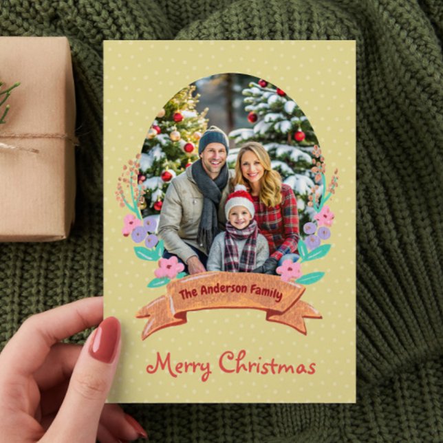 Watercolor Floral Wreath Gold Photo Christmas Holiday Card (Creator Uploaded)