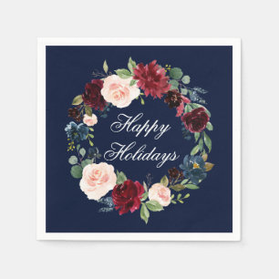 Watercolor Floral Wreath Happy Holidays Blue Napkin