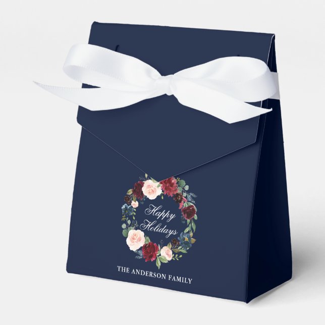 Watercolor Floral Wreath Happy Holidays Bow Favour Box (Front Side)