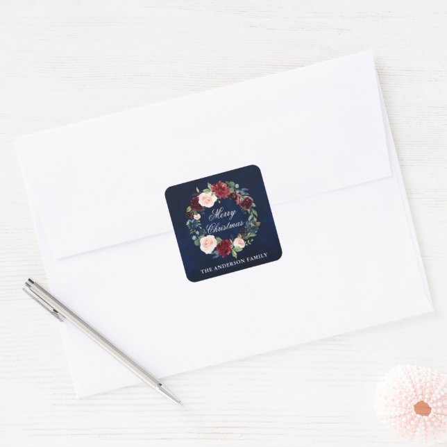 Watercolor Floral Wreath Merry Christmas Small Square Sticker (Envelope)