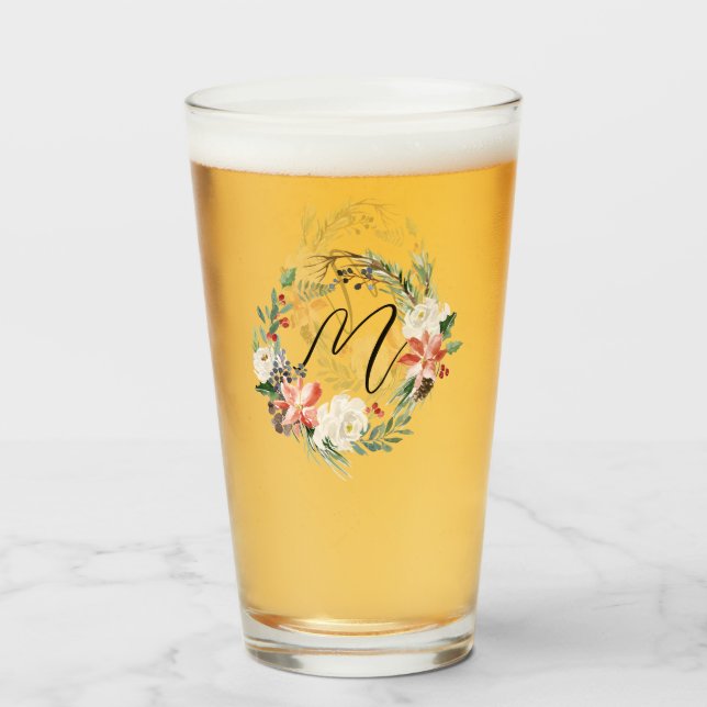 Watercolor Floral Wreath Monogram Christmas Glass (Front Filled)