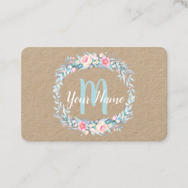 Watercolor Floral Wreath Monogram Initial Business Card (Front)