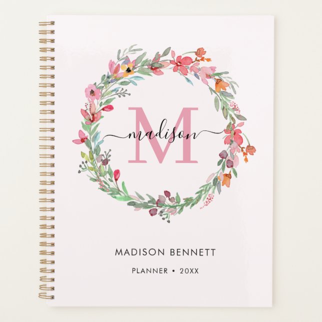 Watercolor Floral Wreath Monogram Planner (Front)