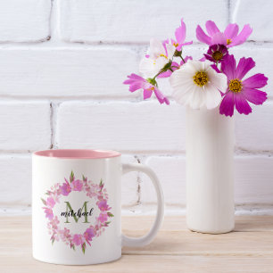 Watercolor Floral Wreath Name Monogram Two-Tone Coffee Mug
