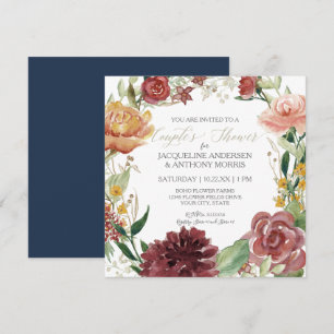 Watercolor Floral Wreath Navy Blush Red Flowers Invitation
