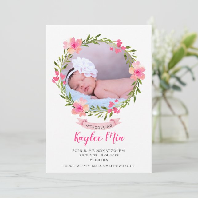 Watercolor Floral Wreath Photo Birth Announcement (Standing Front)