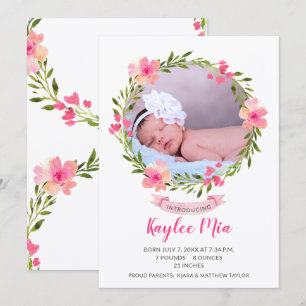 Watercolor Floral Wreath Photo Birth Announcement