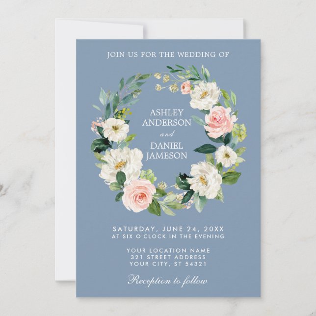 Watercolor Floral Wreath Pink Dusty Blue Wedding Invitation (Front)