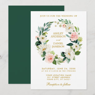 Watercolor Floral Wreath Pink White Gold Wedding G Invitation