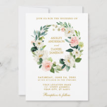 Watercolor Floral Wreath Pink White  Gold Wedding