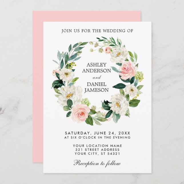 Watercolor Floral Wreath Pink White Wedding P Invitation (Front/Back)