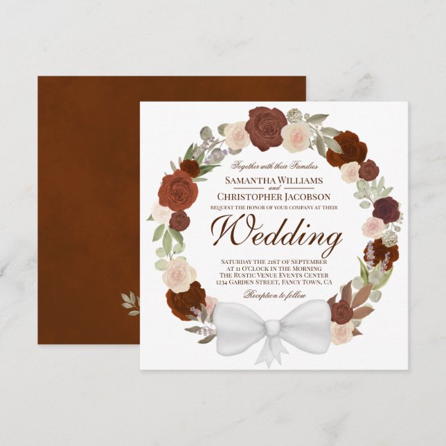 Watercolor Floral Wreath Rust Orange Wedding Invitation (Front/Back)