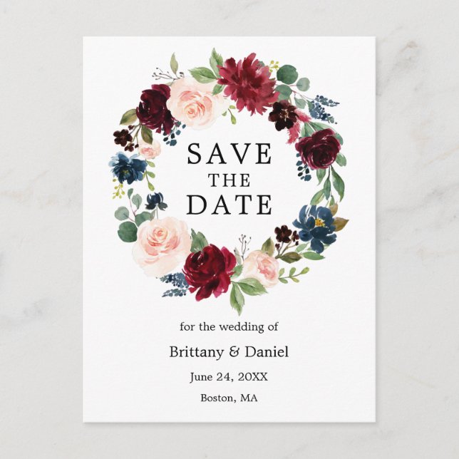 Watercolor Floral Wreath Save The Date Announcement Postcard (Front)