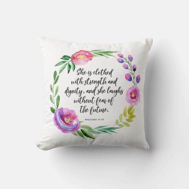 Watercolor Floral Wreath | Strength and Dignity Cushion (Front)