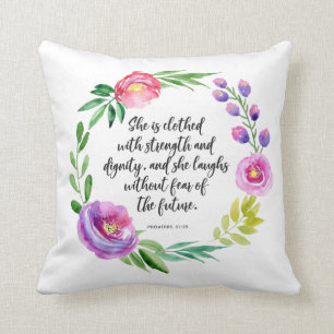 Watercolor Floral Wreath   Strength and Dignity Cushion