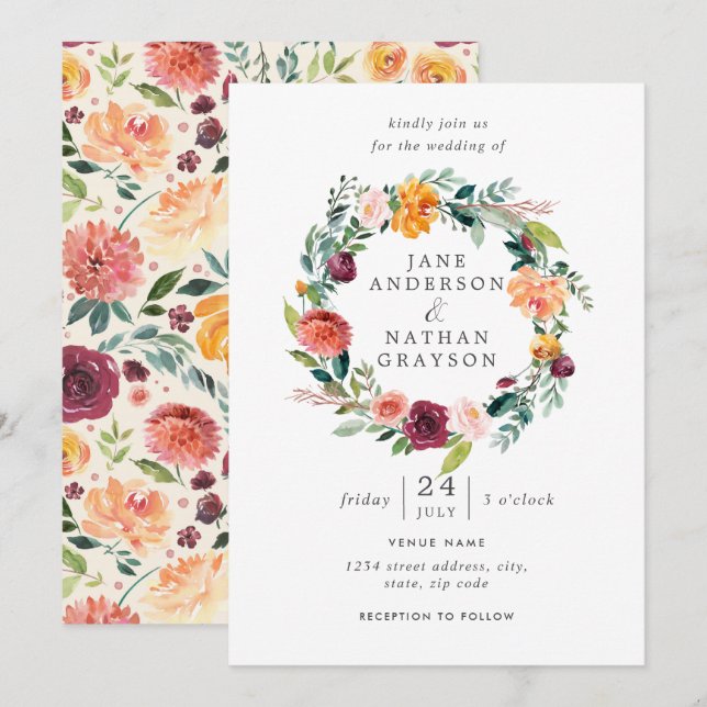 Watercolor Floral Wreath Wedding Invitation (Front/Back)