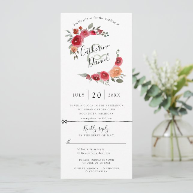 watercolor floral wreath wedding invitation w rsvp (Standing Front)